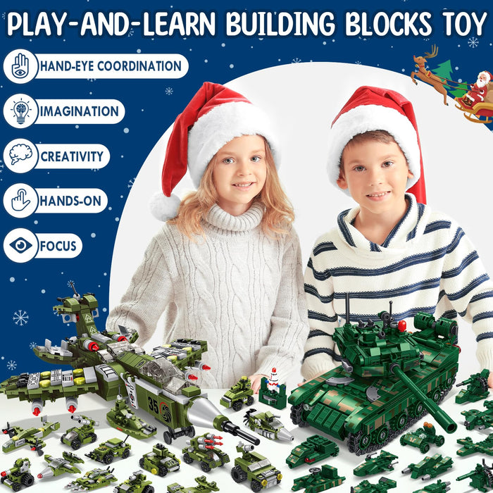 Kids Advent Calendar 2024 for Boys, 24 Days Christmas STEM Military Toys Building Blocks Countdown Calendar Gifts Box with 12-in-1 Tank & Fighter Plane Bricks Toys Set for Kids Teens Girls Boys Age 6+