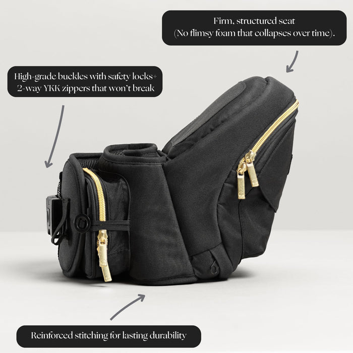 Tushbaby Original Hip Seat Baby Carrier for Babies & Toddlers up to 45 lbs, Safety Certified, Lightweight No-Foam Design with Storage, Black