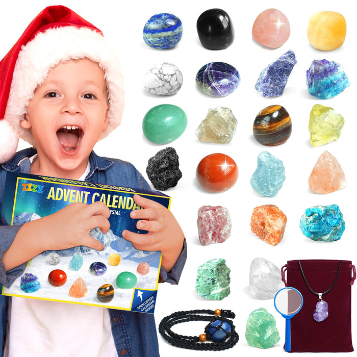 ZIZZ Advent Calendar 2024 Kids Christmas - 24 Natural Rock Mineral Crystal Collection for Boys Girls Christmas Countdown Calendar Gemstone Stone Learning Kit Birthday Christmas Gift for Kid Teen Adult