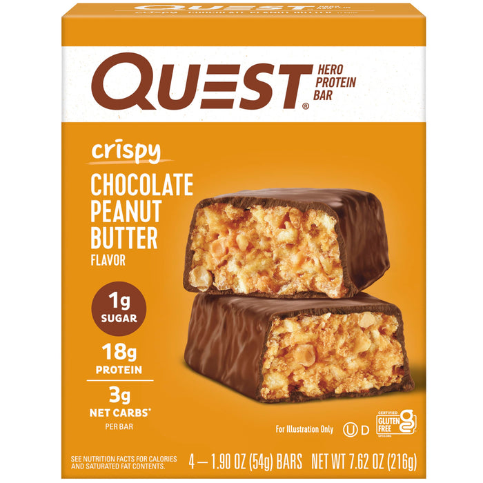 Quest Nutrition Crispy Chocolate Peanut Butter Hero Protein Bar, 18g Protein, 1g Sugar, 3g Net Carb, Gluten Free Protein Snack, Keto Friendly, 4 Count