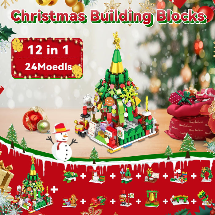 Advent Calendar 2024, 24 Days Christmas Countdown Advent Calendar, 24 Boxes of 12-in-1 Christmas Tree and Street Building Blocks Set for Kids Teens Boys Girls Women Men Ideas