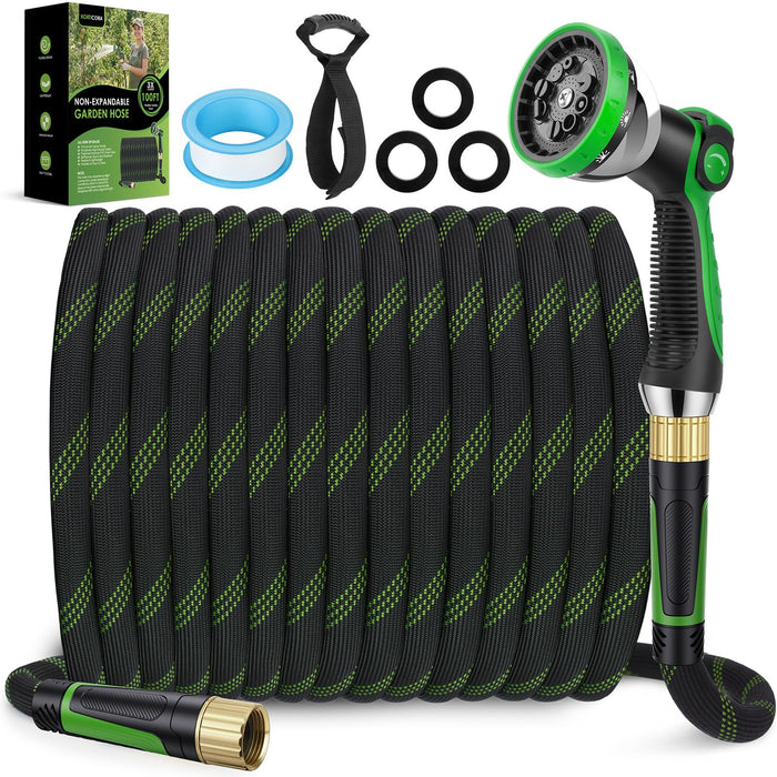HORTICORA Garden Hose 100 ft, Non-Expandable Ultra-Lightweight Flexible Hose with 360° Dual-End Anti-Kink Design, 10-Pattern Spray Nozzle, 500 PSI Leak-Proof, 96-Strand Braided Fabric, Storage Strap