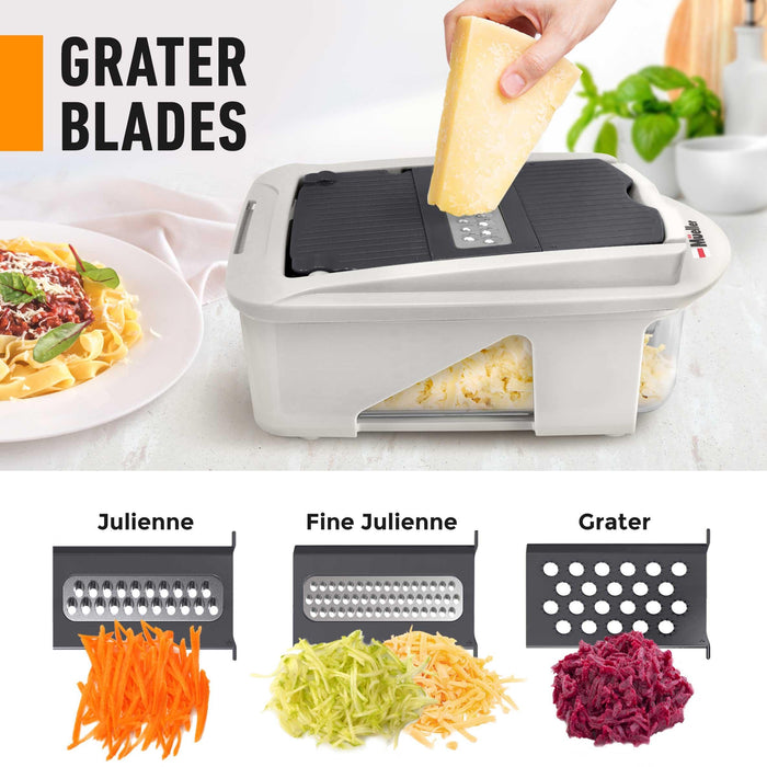 Mueller Pro-Series All-in-One, 12 Blade Mandoline Slicer for Kitchen, Food Chopper, Vegetable Slicer and Spiralizer, Cutter, Dicer, Grater, Kitchen Gadgets Sets with Container, White Sand/Gray