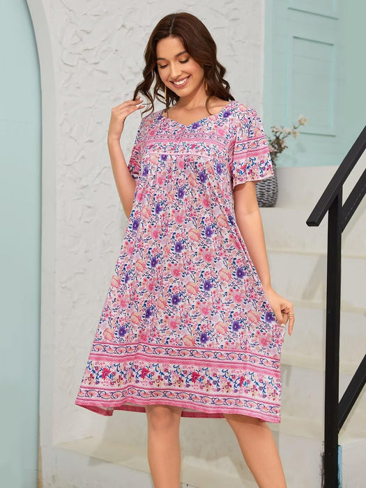 CRIPOM House Dresses for Women with Pockets Hawaiian Muumuu House Coat Womens Nightgown Momo Dresses Plus Size House Dresses for Elderly Women Sleepwear House Lounge Dress Small Pink Flower XXL