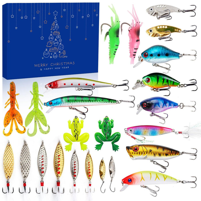 Fishing Tackle Advent Calendar 2024, 24 Days Christmas Fishing Set Fishing Lure Advent Calendar for Adult Men Teen Boys Father Boyfriend Granpa, 2025 Xmas Surprise Gift for Fishing Lover