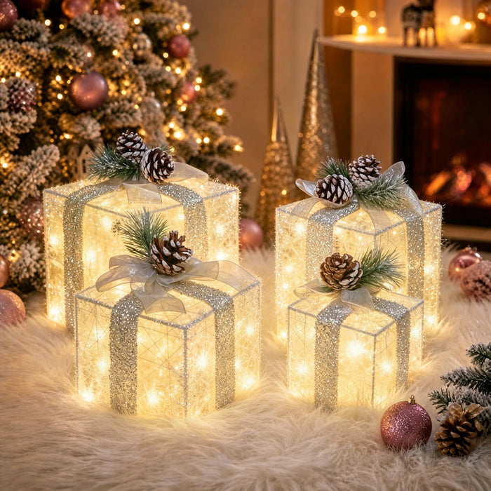 Set of 4 Christmas Lighted Gift Boxes, Battery Operated Xmas Decor