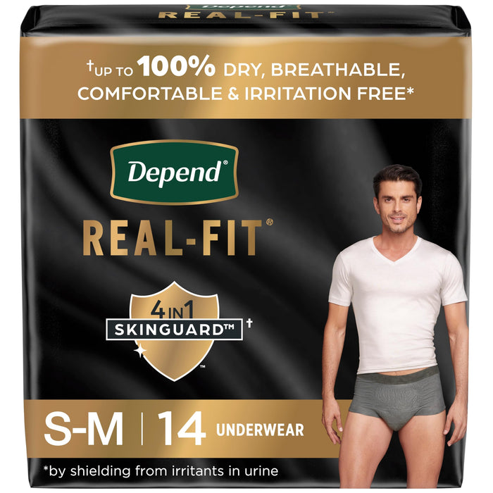 Depend Real Fit Incontinence Underwear for Men, Disposable, Maximum Absorbency, Small/Medium, Grey, 14 Count, Packaging May Vary