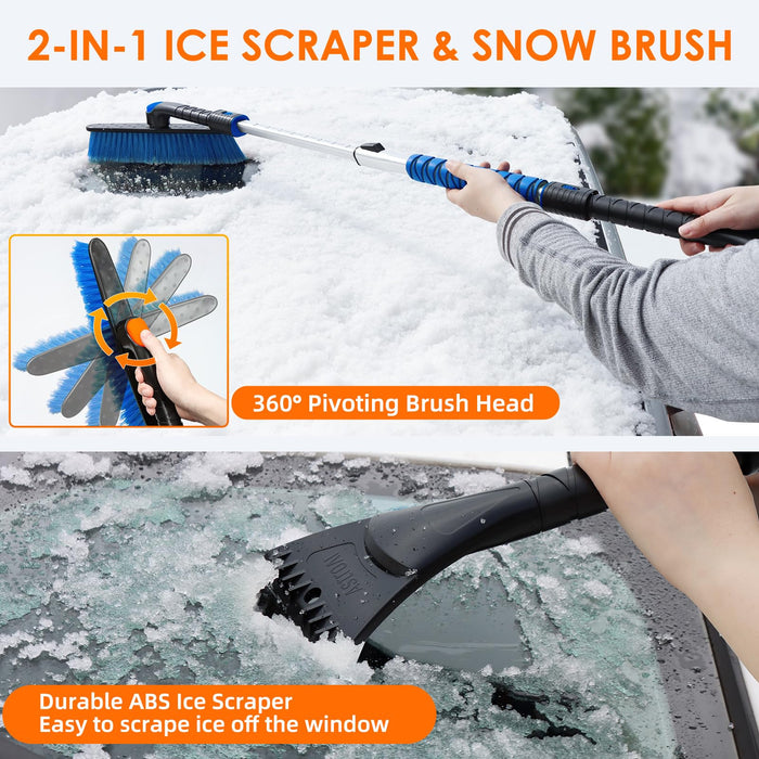 AstroAI 47.2" Ice Scraper and Extendable Snow Scraper for Car Windshield with Foam Grip and 360° Pivoting Brush Head for Christmas Car Auto Truck SUV(Blue)