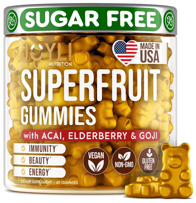 Joyli Superfruit Gummies - Sugar-Free Fruit Multivitamin Gummies for Adults - Natural Gummy Vitamins for Women & Men with Goji, Elderberry, Vitamins A, C, D & E - Supports Immunity, Digestion & Energy