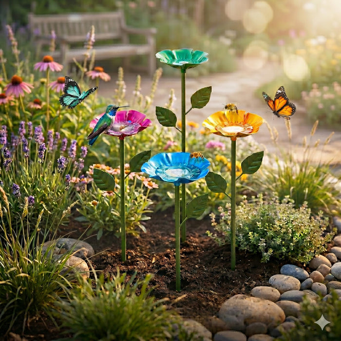 4 Pack Bee Watering Station for Garden, Colorful Metal Flower Bee Bath, Decorative Design Attracts Bees & Butterflies, Easy Install Durable Outdoor Yard Decor