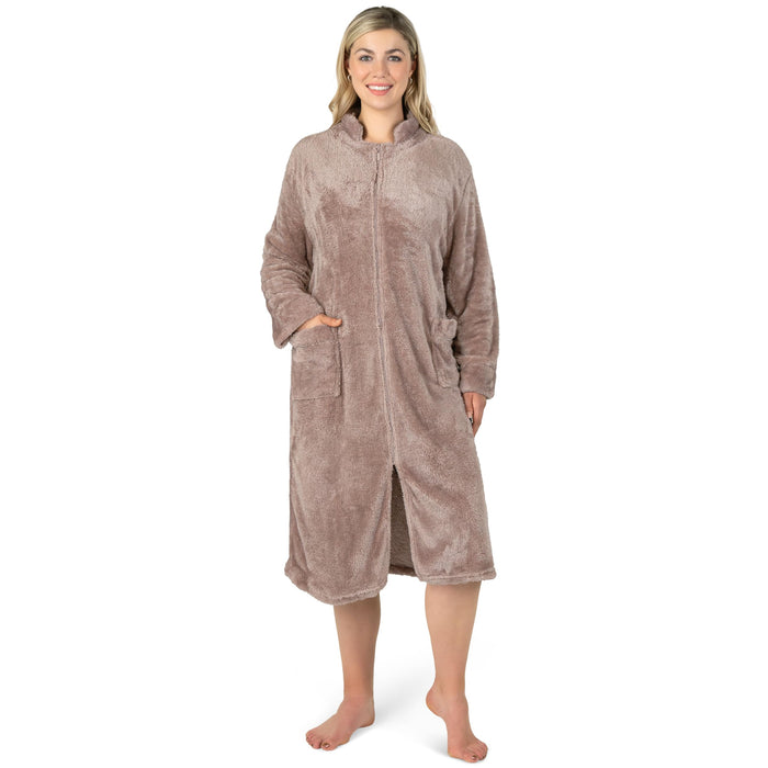 PAVILIA Womens Housecoat Zip Robe, Sherpa Zip Up Front Robe Bathrobe, Fuzzy Warm Zipper House Coat Lounger for Women Ladies Elderly with Pockets, Fluffy Fleece Long - Beige Taupe (Small/Medium)