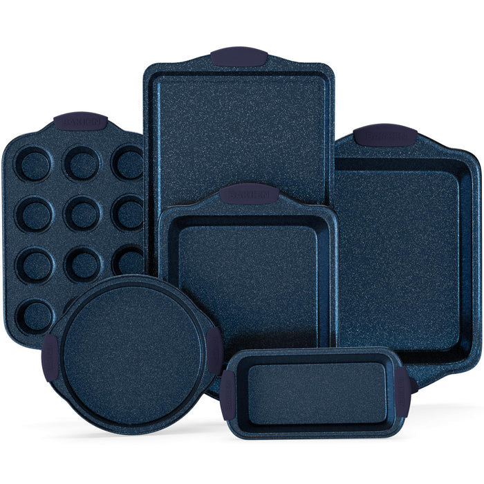 BAKKEN Kitchen Baking Pan Set - Nonstick Coating, Carbon Steel Bakeware Sets with Blue Silicone Handles, Baking Kitchen Essentials, PFOA, PFOS, PTFE Free, Oven Safe Tray (Up To 450° F), Set of 6