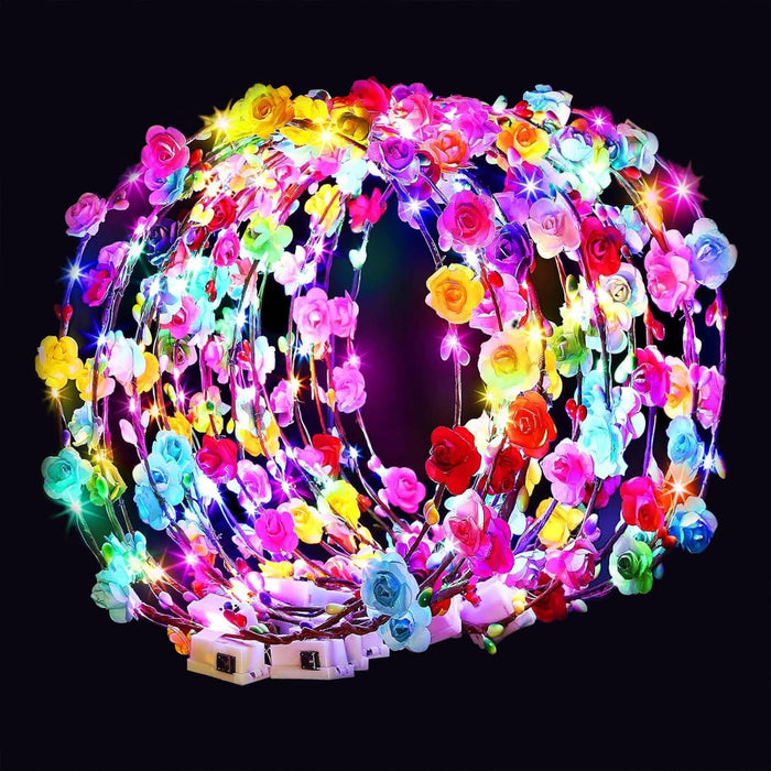 HONLYNE 54 PCS LED Flower Crowns Headbands, Light Up Flower Crowns For Women, Glow in the Dark Headband for Wedding Reception Mardi Gras Cosplay Princess Party Favors Birthday Christmas Halloween