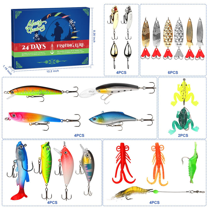 Fishing Advent Calendar 2024，24 Days Christmas Countdown Fish Tackle Set, Advent Calendar 2024 Fishing,Fishing Lure Advent Calendar 2024 For Adult Men Teen Boys