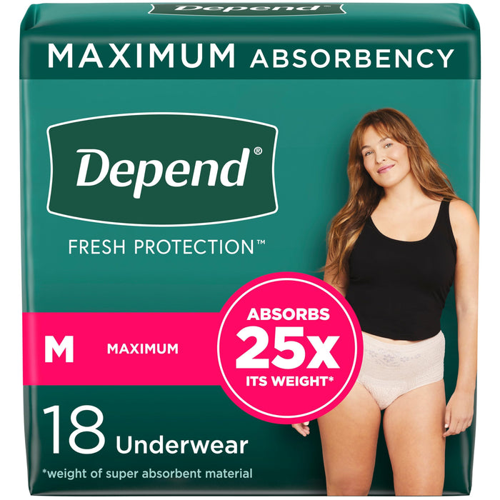 Depend Fresh Protection Adult Incontinence & Postpartum Bladder Leak Underwear for Women, Disposable, Maximum, Medium, Blush, 18 Count, Packaging May Vary