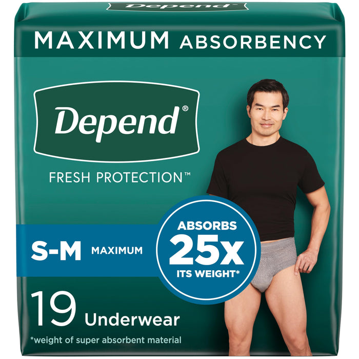 Depend Fresh Protection Adult Incontinence Underwear for Men, Disposable, Maximum, Small/Medium, Grey, 19 Count, Packaging May Vary