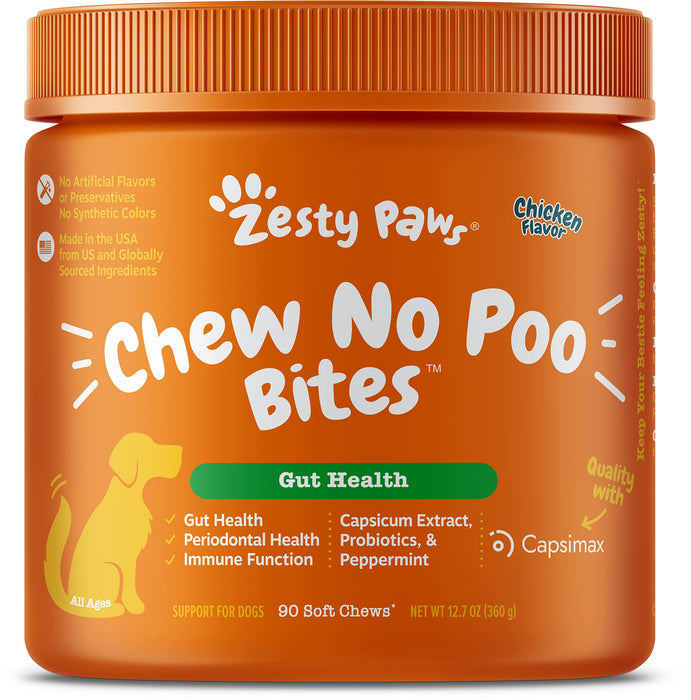 Zesty Paws Chew No Poo Bites for Dogs - Stool Eating Deterrent Soft Chews for Dogs - Gut, Periodontal & Immune System Support - Premium DE111 Bacillus subtilis Probiotic Chicken - 90 Count