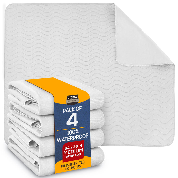 Utopia Bedding Waterproof Incontinence Bed Pads 34 x 36 Inches (Pack of 4, White), Washable and Reusable Underpads for Adults, Elderly and Pets, Absorbent Protective Pads