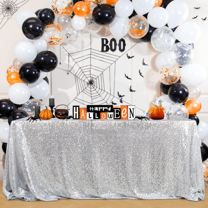 B-COOL 60x102 Inch Silver Tablecloth Halloween Rectangle Silver Sequin Tablecloth Sequin Table Linens Glitter Tablecloth Wedding Sequin Tablecloth for Christmas Halloween