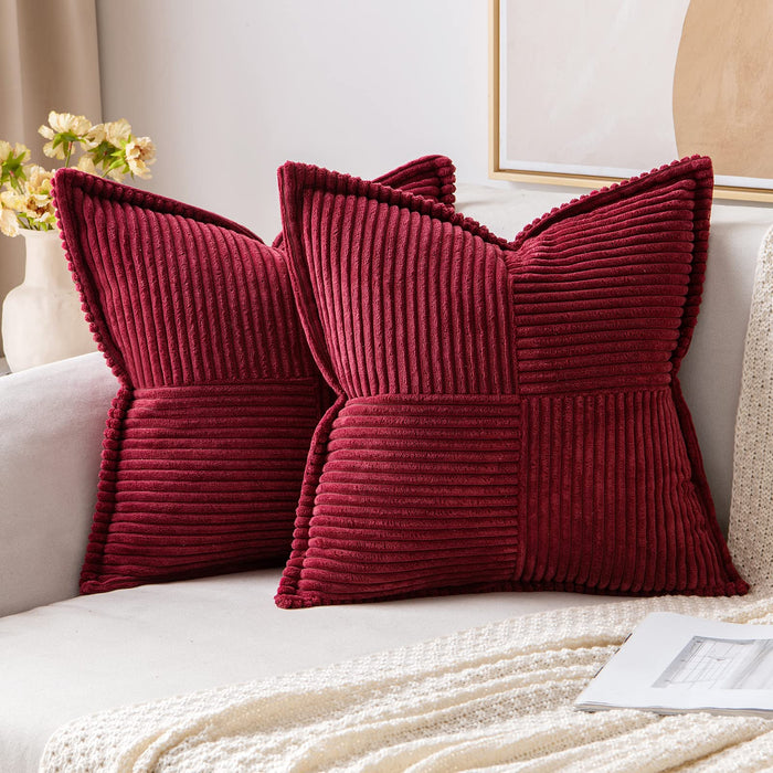 MIULEE Corduroy Pillow Covers with Splicing Set of 2 Super Soft Boho Striped Christmas Pillow Covers Broadside Decorative Textured Throw Pillows for Couch Cushion Bed Livingroom 18x18 inch, Burgundy