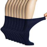 Hugh Ugoli Women's Bamboo Diabetic Crew Socks, Thin, Loose Fit, Soft, Wide Stretchy, Seamless Toe, 8 Pairs, Navy Blue, Shoe Size: 6-9