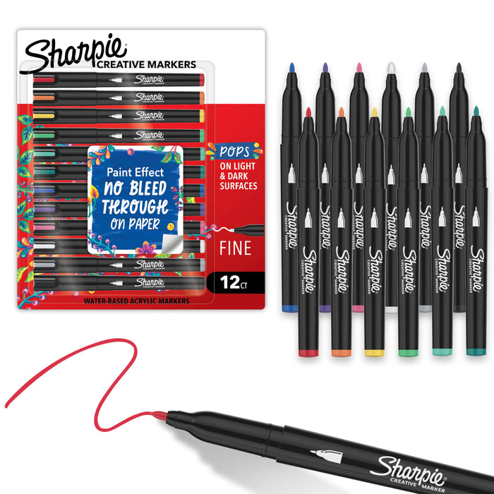 Sharpie Creative Markers, Water-Based Acrylic Paint Markers, Fine Tip, Assorted, 12 Count