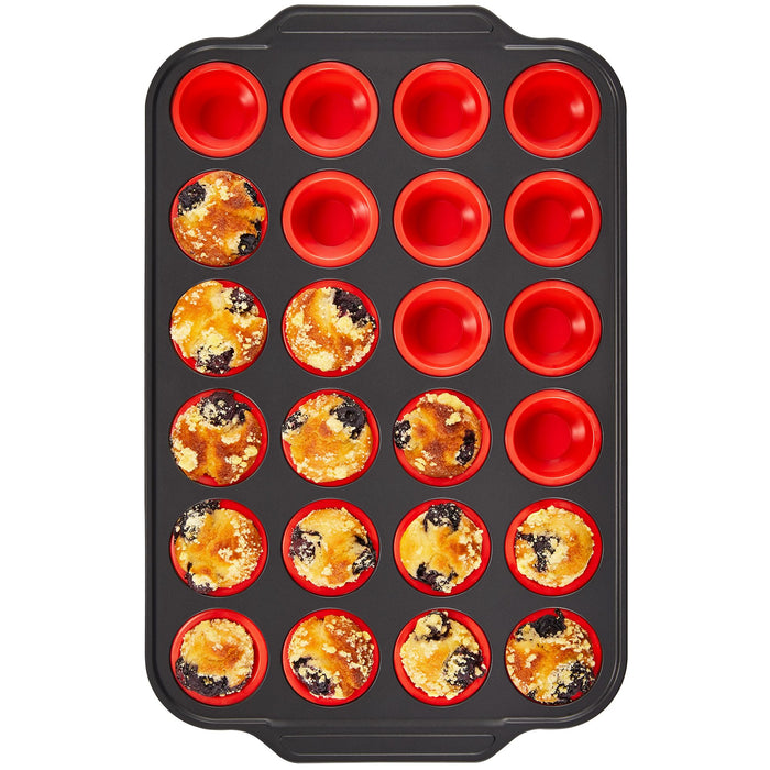Silicone Mini Muffin Pan with Metal Frame, Egg Bite Molds for Baking for Baking, Cupcake Pans 24 Regular Size, Muffin Tins Easy to Pop Nonstick Non Toxic Bakeware for Oven,Red