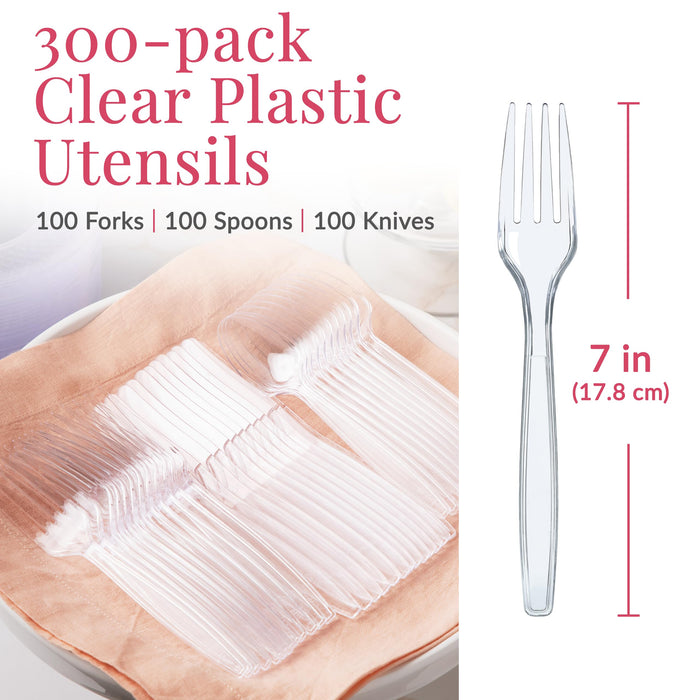 Prestee 300 Plastic Silverware Set, Clear Plastic Cutlery Set, Disposable Set -100 Clear Plastic Forks, 100 Plastic Spoons, 100 Plastic Knives, Heavy Duty Bulk Disposable Flatware Plastic Utensils Set