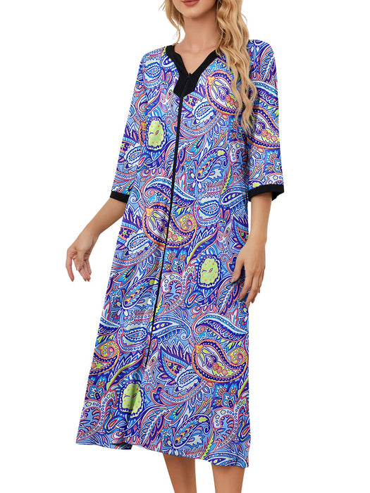 PITINAN House Dresses for Elderly Mumu Dresses Women Leopard House Dress V Neck Nightgown Robe Half Sleeve Loungewear Full Length Sleepwear Zipper Duster Housecoat Purple Paisley XXL