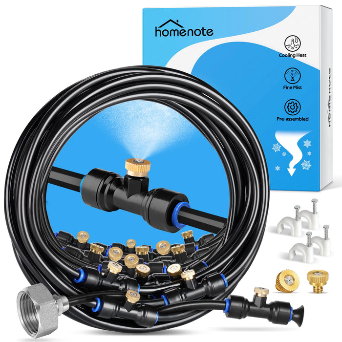 HOMENOTE Misting Cooling System, 98FT(30M) Pre-Assembled Kit with 27 Brass Nozzles & 3/4" Brass Adapter, Cooling Mister for Patio, Backyard, Pets, Garden & Greenhouse