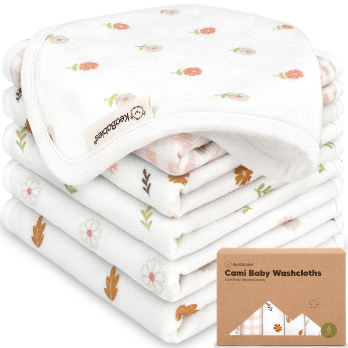 6-Pack Cotton Baby Washcloths for Newborn - Organic Cotton Muslin Soft Wash Cloths for Babies, Infant, Kids, Toddler Towels for Boy, Girl, Super Absorbent Face Cloths, Scratch-Free Baby Rags (Petals)
