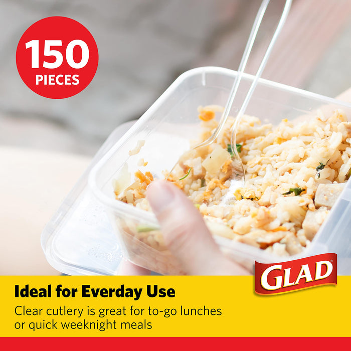 Glad Premium Assorted Plastic Cutlery | Clear Extra Heavy Duty forks, Knives, And Spoons | 150 Piece Set of Disposable Party Utensils, and Sturdy Cutlery