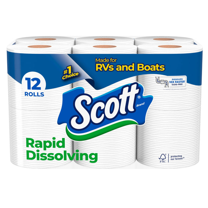 Scott Rapid-Dissolving Toilet Paper, 12 Double Rolls, Sustainable, Septic-Safe, Toilet Paper