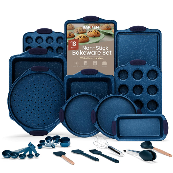 BAKKEN Kitchen Baking Pan Set - Nonstick Coating, Carbon Steel Bakeware Sets with Blue Silicone Handles, Baking Kitchen Essentials, PFOA, PFOS, PTFE Free, Oven Safe Tray (Up To 450° F), Set of 18