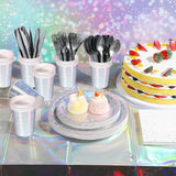 Iridescent Silver Party Supplies Decorations, Holographic Paper Plates and Napkins Set, Disposable Silver Paper Plates Cups Knives Spoons Fork Straw for Disco Bachelorette Birthday Party, Serve 50