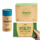 Sheets Laundry Club - All In One Laundry Kit.- Lightweight - Enjoy 50 Fast Dissolving Fresh Linen Laundry Sheets, 1-8oz Uncharted Waters Scent Booster Tube, 40 Plant Based Vitality Dryer Sheets