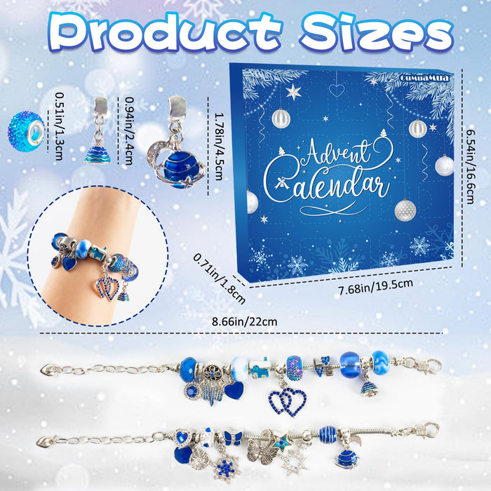 Advent Calendar Charm Bracelets 2024 for Girls, 24 Days Christmas Countdown Calendar DIY Bracelets Jewelry Making Kit with Blue Charm Beads Xmas Gift for Girls Kids Teens Adults