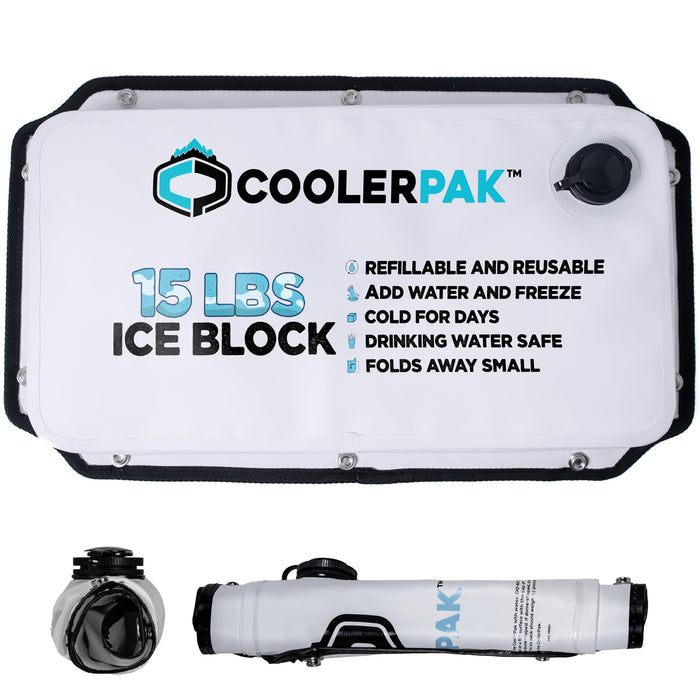 CoolerPak 15lb Refillable Reusable Ice Pack - Stainless Snaps - Cold for Days - Non-Toxic, Leakproof, Suitable for Potable Drinking Water & Cold Plunge - Built Tough, Roll Up for Easy Storage