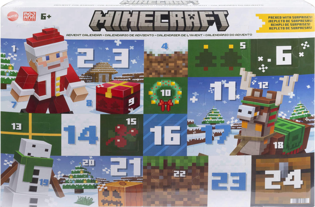 Mattel Minecraft Advent Calendar, 3.25-in Scale Action Figures including Santa, 17 Accessories & 4 Stickers, Pixelated Design