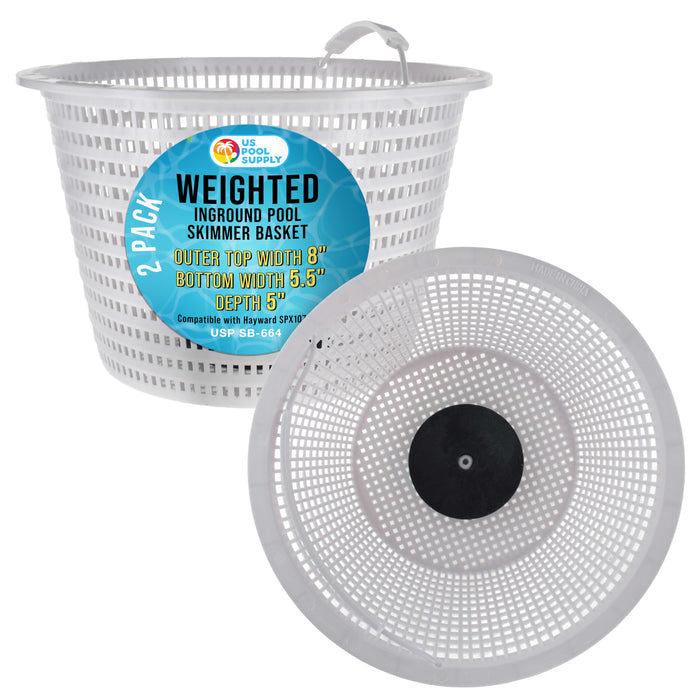 U.S. Pool Supply Weighted Inground Pool Skimmer Basket (Set of 2) - Skimmer Filter Basket, Skims Leaves – Compatible with Hayward SPX1070E, Prevent Pump Clogs - 8" Top, 5.5" Bottom, 5" Deep