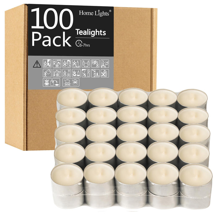 HomeLights Unscented White Tealight Candles -100 Pack, 6 to 7 Hour Burn Time Smokeless Tea Light Candles, Mini Votive Paraffin Candles with Cotton Wicks for Shabbat, Weddings, Christmas, Home Decor