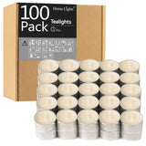 HomeLights Unscented White Tealight Candles -100 Pack, 6 to 7 Hour Burn Time Smokeless Tea Light Candles, Mini Votive Paraffin Candles with Cotton Wicks for Shabbat, Weddings, Christmas, Home Decor