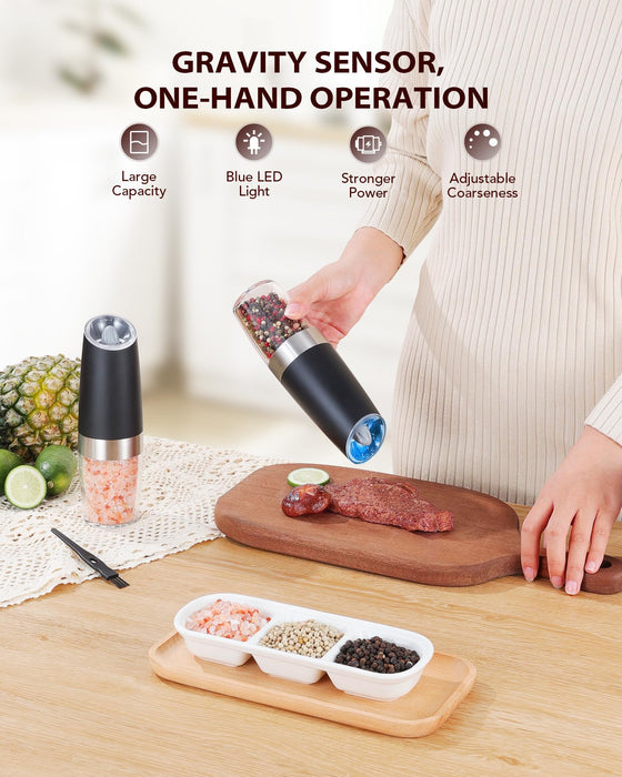 Sangcon Gravity Electric Salt and Pepper Grinder Set Automatic Shakers Mill Grinder with LED Light, Battery Powered Adjustable Coarseness One Hand Operation, Upgraded Larger Capacity