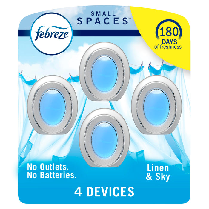 Febreze Small Spaces Air Freshener, Odor-Fighting, Plug In Alternative, Air Fresheners for Home and Bathroom and Kitchen, Closet Air Fresheners, Linen & Sky Scent, 4 Count