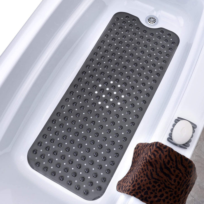 SlipX Solutions Power Grip Extra Long Bath Tub & Shower Mat 39x16, Wet Floor Non-Slip for Elderly & Kids Bathroom, 30% Longer Bathtub Mats, 200 Suction Cups, Drain Holes (1, Translucent Black)