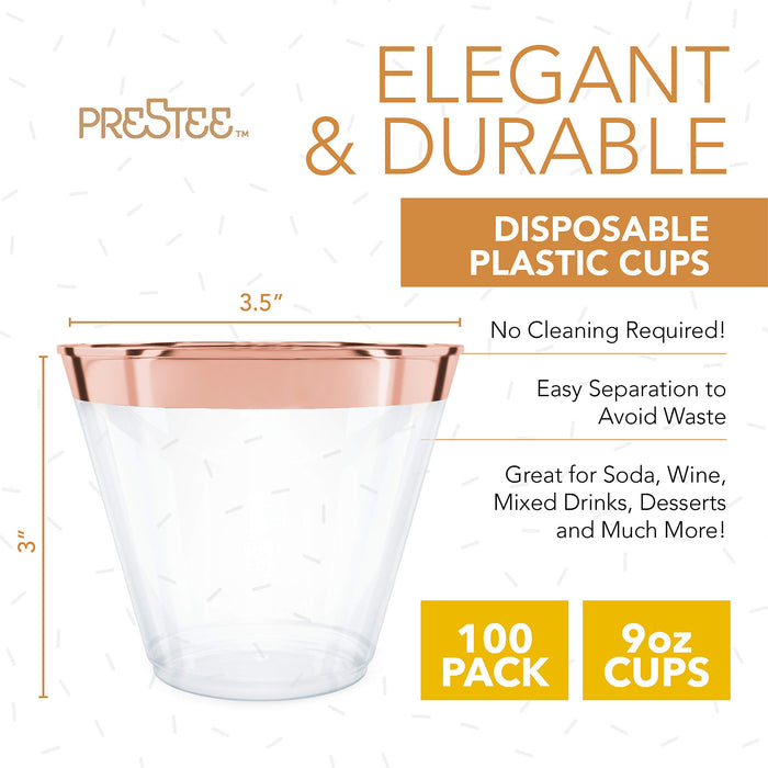 Prestee 100 Rose Gold Plastic Cups - 9 oz Hard Disposable Rose Gold Cups - Rose Gold Party Decorations - Plastic Wine Cups - Plastic Cocktail Glasses - Plastic Drinking Cups - Bulk Party Clear Cups