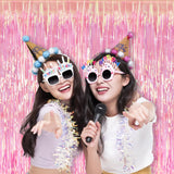 BRAVESHINE Clear Pink Party Decoration Iridescent Foil Fringe Backdrops - 2 Pack 3.2 x 6.5 ft Metallic Tinsel Photo Booth Pros Streamer Curtains for Birthdays Engagement Christmas Parties