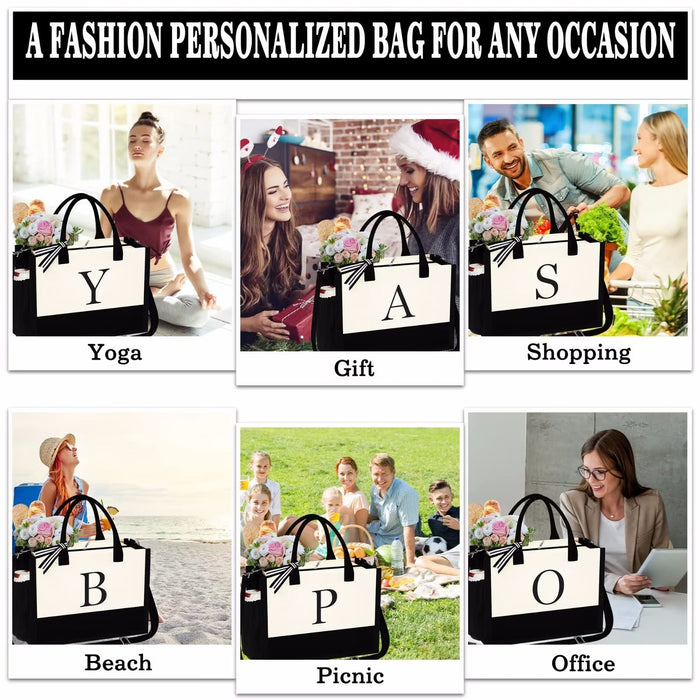 YOOLIFE Birthday Gifts for Women - Initial Canvas Beach Tote Bag and Makeup Bag Gifts Friends Female Friendship Sister Teacher Gifts Mothers Day Christmas Gifts Bridesmaid Proposal Gifts D