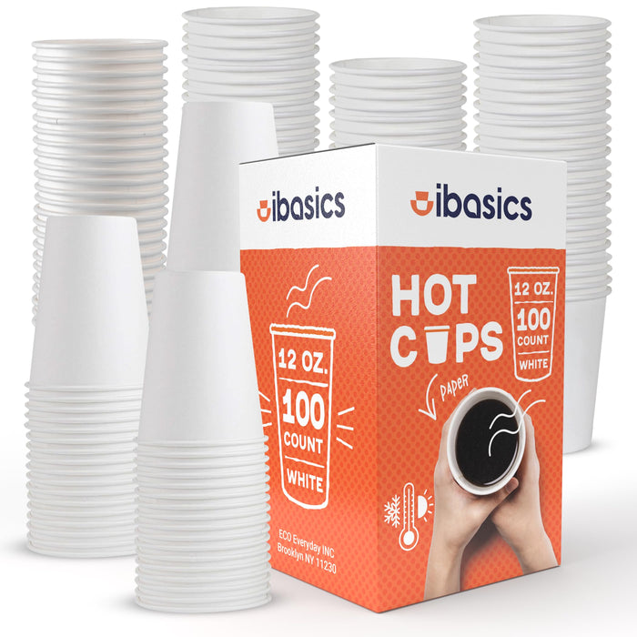 IBASICS 12 oz Coffee Cups - Case of 100 Disposable Hot Cups | White Paper Cup for Beverages | Ideal Paper Coffee Cups for Office, Events | Durable Paper Cups 12 oz Size for Hot Drinks