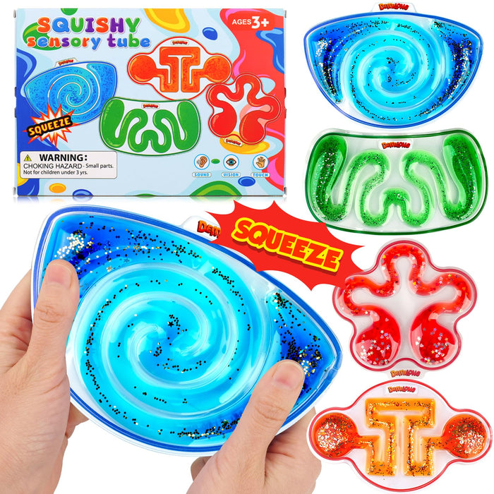 Squishy Sensory Toys for Kids - 4 Pack Fidget Toy Sensory Maze for Autism - Stress Anxiety Relief Toys for Calm Down - Sensory Fidget Toy Filled Goo, Glitter, Christmas Stocking Suffers